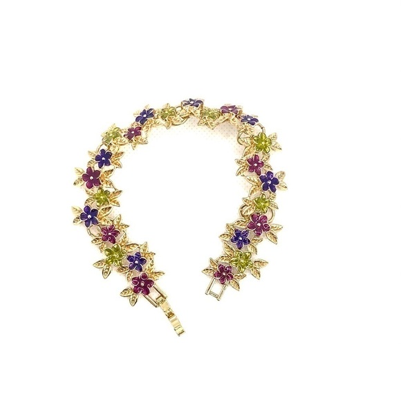 Bracelet Gold Tone With Flowers 8” - Picture 9 of 13